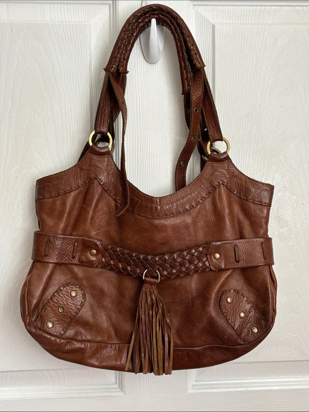 Carla Mancini Braided Tassel Shoulder Bag in Rich Cognac Brown Leather Boho Bag